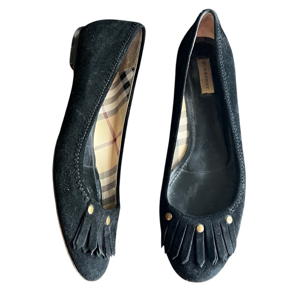 Burberry Women’s Round Toe Vintage Black Suede Fringe Nova Check Ballet Flats 37
